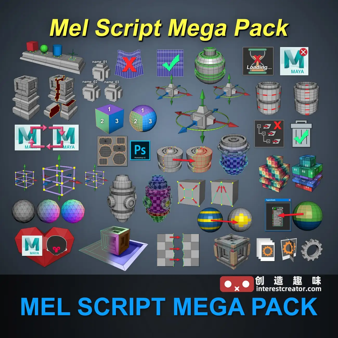Malcolm341 All Mel Script Pack for Maya 2017-2025:Maya一站式建模UV材质管理数据导出脚本合集 1 Malcolm341 All Mel Script Pack 插件宣传封面
