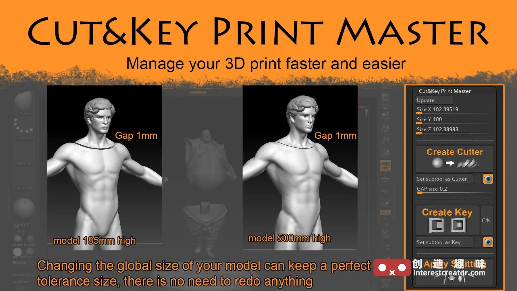 Cut&KeyPrintMaster v1.2 : ZBrush 3D 打印手办模型非破坏性拆件插件 2 Zbrush 模型手办拆件插件Cut&Amp;Keyprintmaster