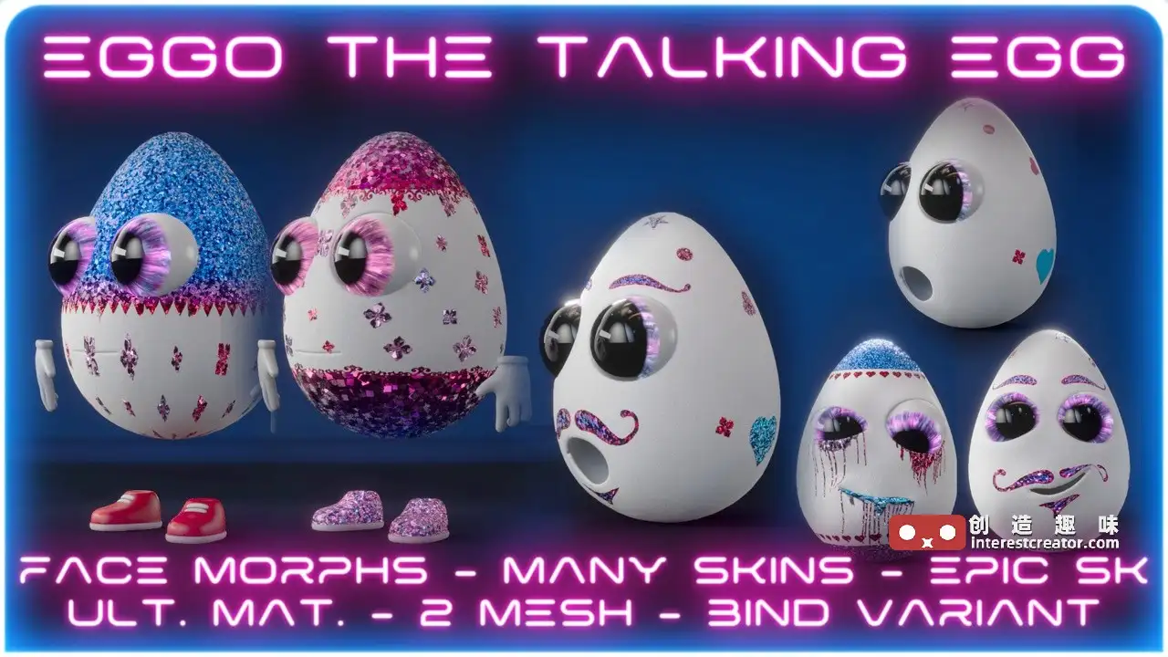Eggo the Talking Egg, face morphs, epic skeleton:会说话的蛋形角色资产 Eggo the Talking Egg, face morphs, epic skeleton:会说话的蛋形角色资产