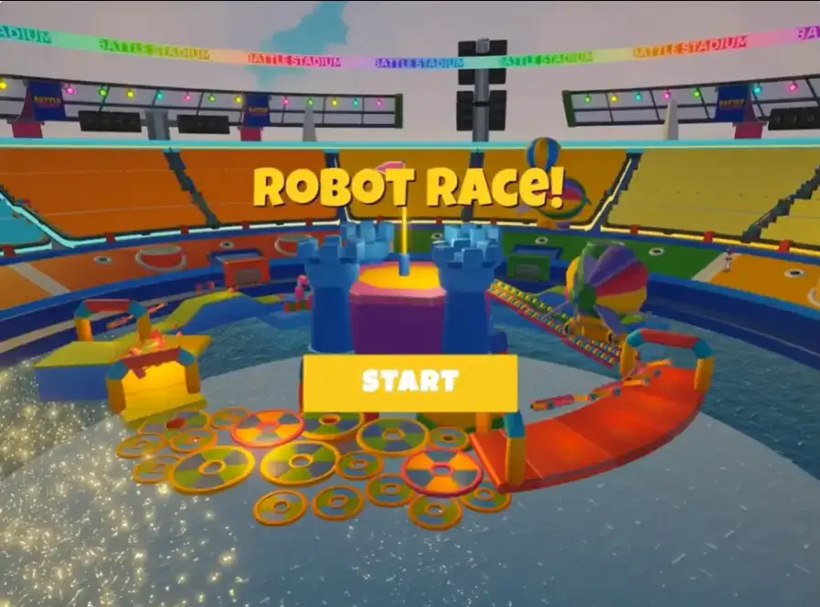 《Robot Race》游戏画面 《Robot Race》的画面,彩色赛道上停着卡通赛车,画面中央是「Play!」按钮
