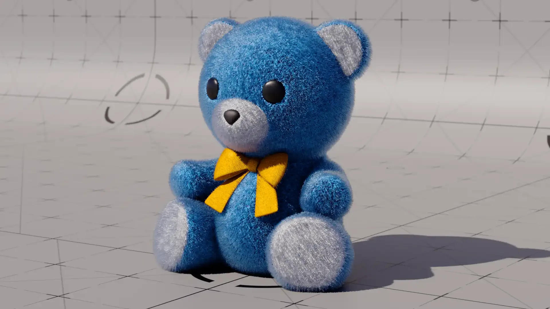 Redshift Fur 的毛绒小熊渲染 用 Redshift Fur 制作的蓝色毛绒小熊,戴着黄色丝带