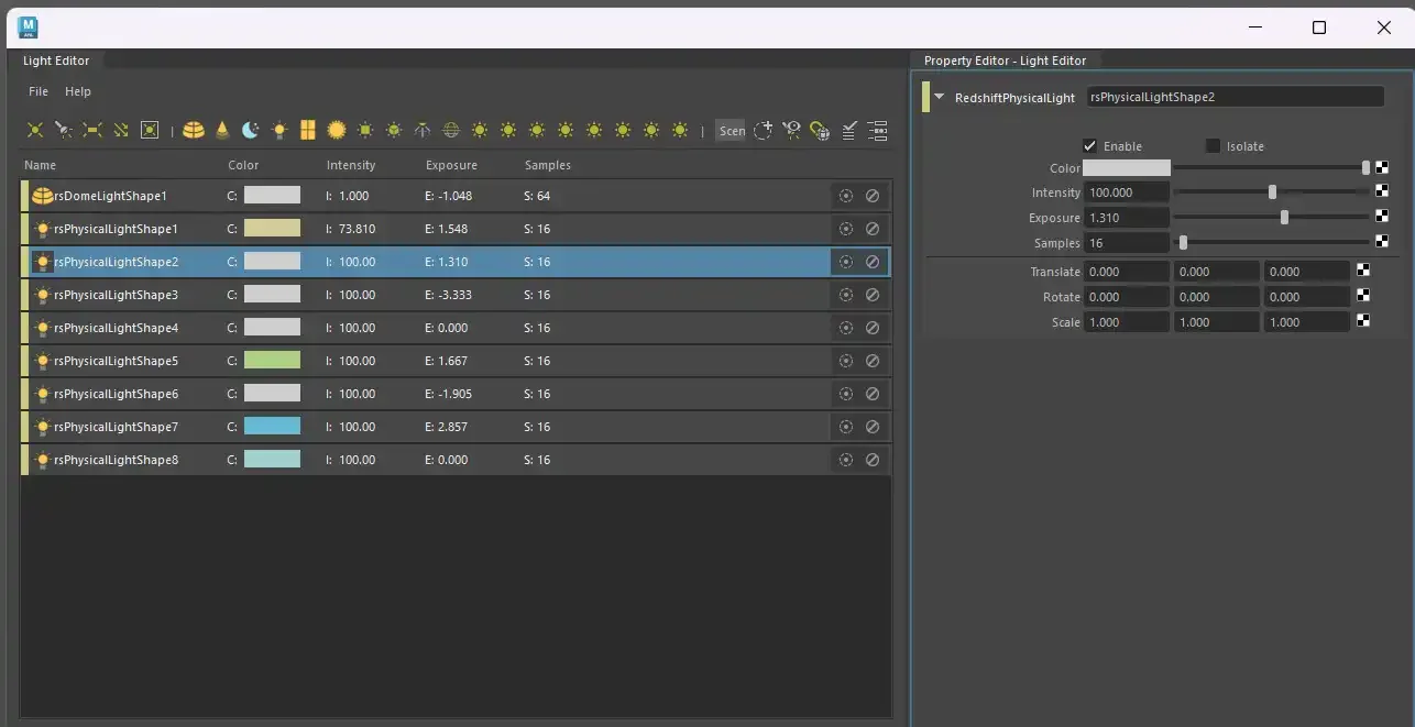 Maya 标准灯光编辑器中的 Redshift 灯光 Maya 的 Light Editor 窗口,列表中列出 Redshift 灯光并可直接调节