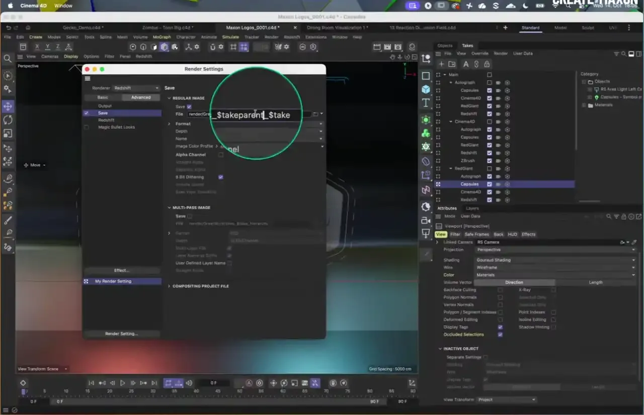 Take Token 写出设置界面 Cinema 4D 的渲染设置对话框,保存路径中输入了 Take 的新 Token