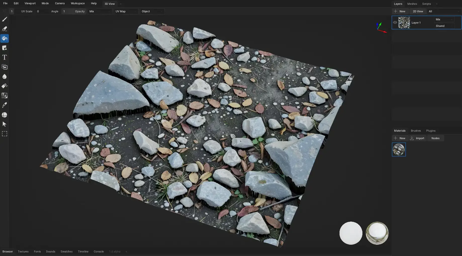 用生成的材质在 ArmorPaint 中绘制的示例 Armorpaint 视口中把鹅卵石材质绘制到平面上的画面