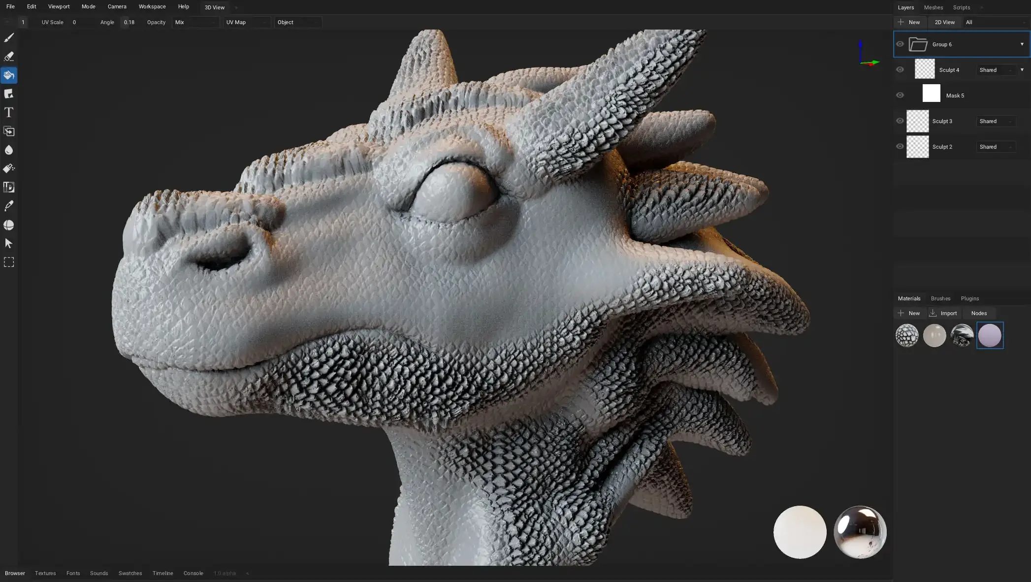 ArmorPaint 的雕刻功能 Armorpaint 视口中的龙头雕刻模型,右侧是笔刷与图层面板