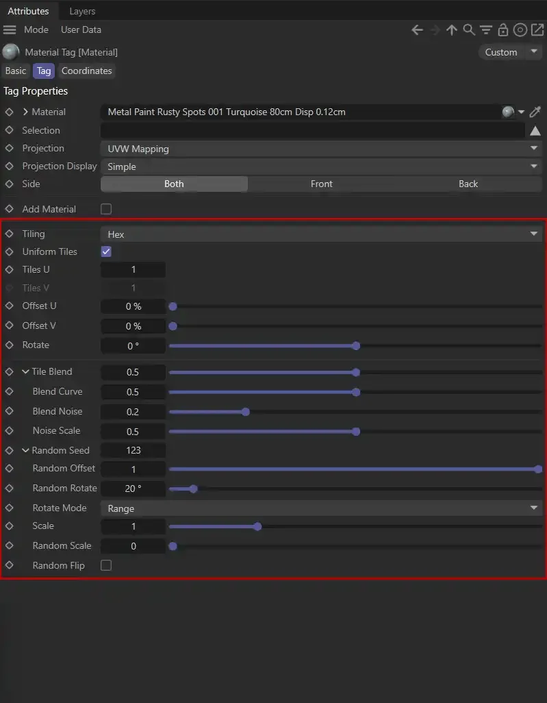 Cinema 4D 材质标签的 Redshift 专用设置 Cinema 4D 材质标签属性面板,红框标出 Uv Context 相关的 Redshift 设置
