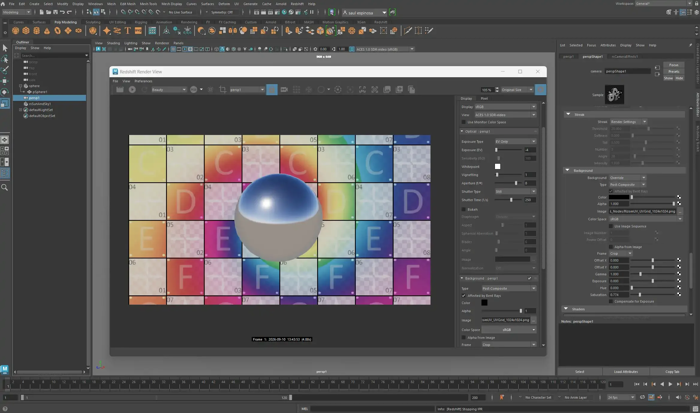 Maya 的 Redshift Camera 背景板设置 Maya 视口中的相机属性编辑器,显示 Background 背景板设置