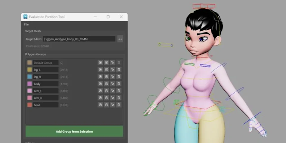 评估分区工具(Evaluation Partition Tool) Mgear 的评估分区工具界面,左侧是目标网格与多边形分组列表,右侧是角色的分组着色预览