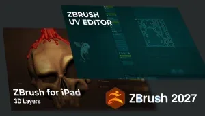 ZBrush 2027 教程视频主视觉 Zbrush Uv Editor 与 Zbrush For Ipad 3D Layers 的界面拼贴