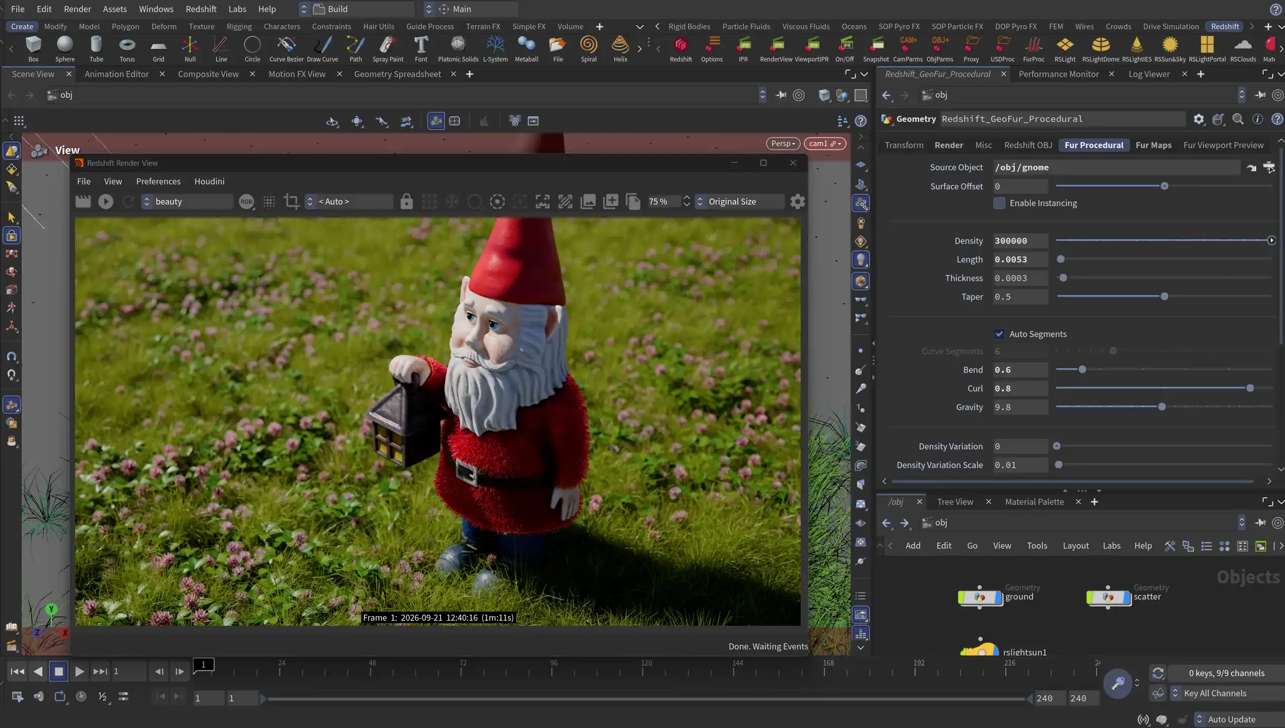 Redshift Fur 的程序化毛发测试 Cinema 4D 视口中站在草地上的红帽子地精模型,身上长满程序化毛发