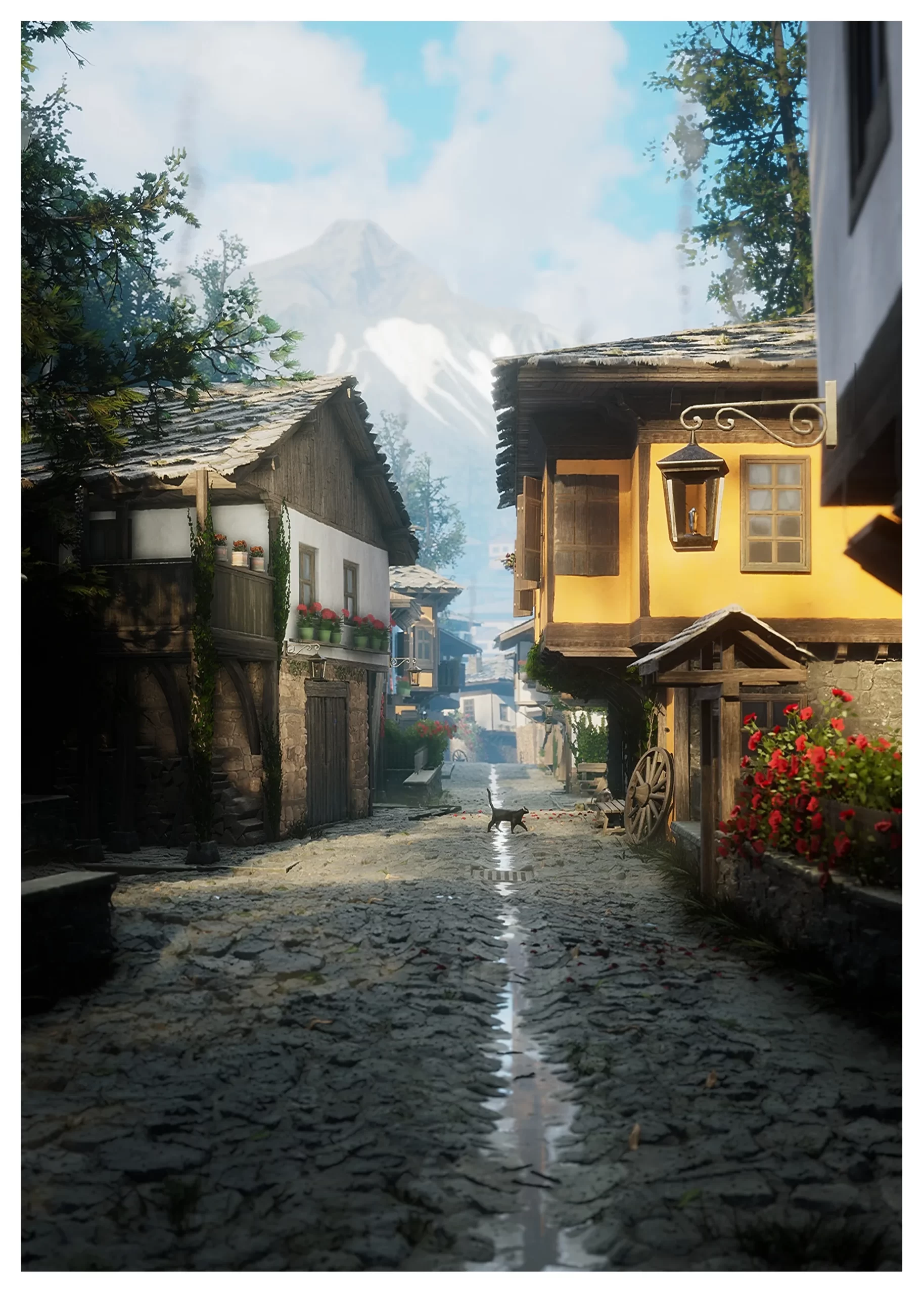 保加利亚村庄场景渲染 以保加利亚民族志村庄为原型的场景渲染,石板巷子两侧是木石结构的民居