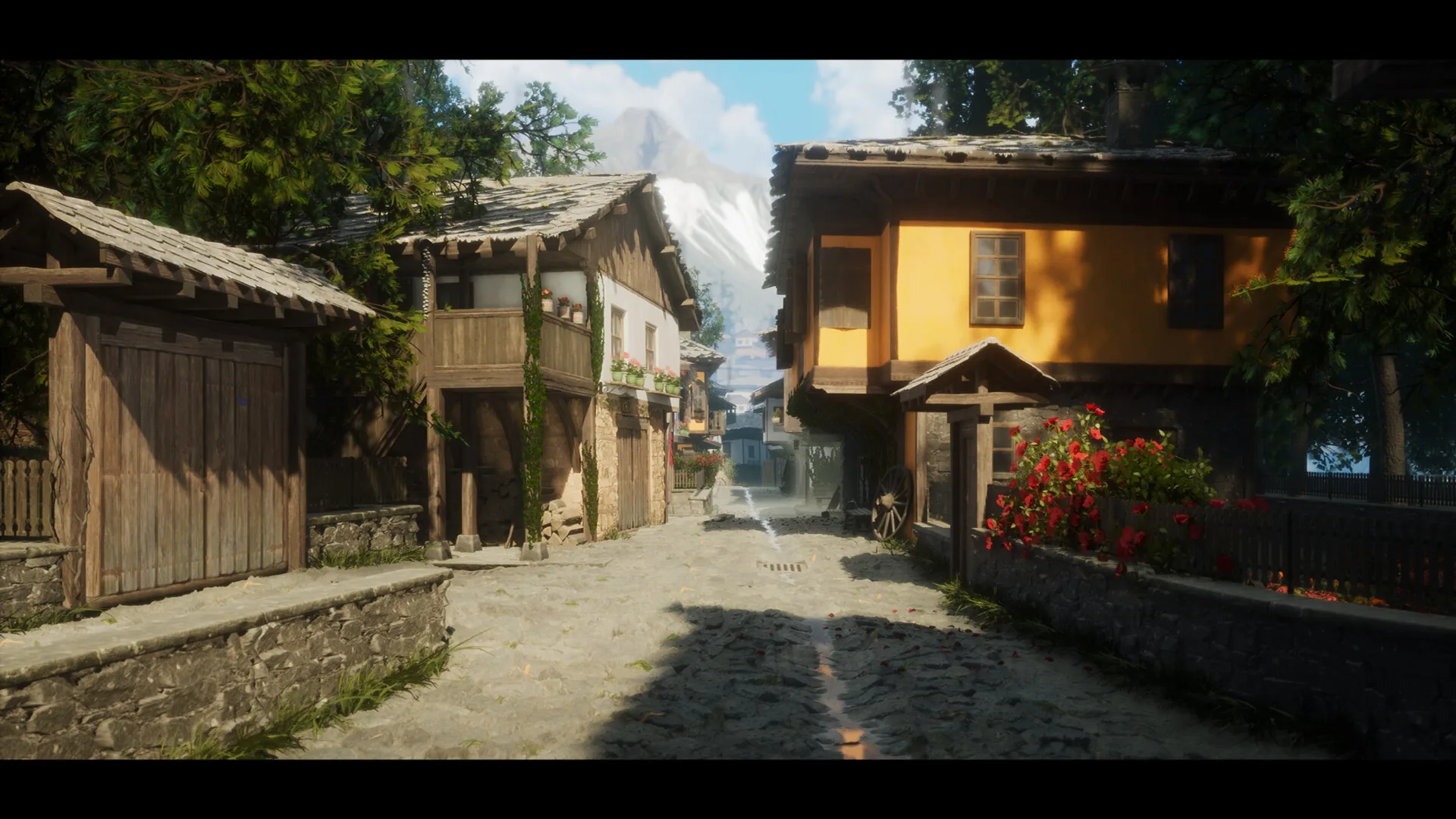 村庄巷子场景 村庄巷子的渲染,木屋与石板路沿街排开
