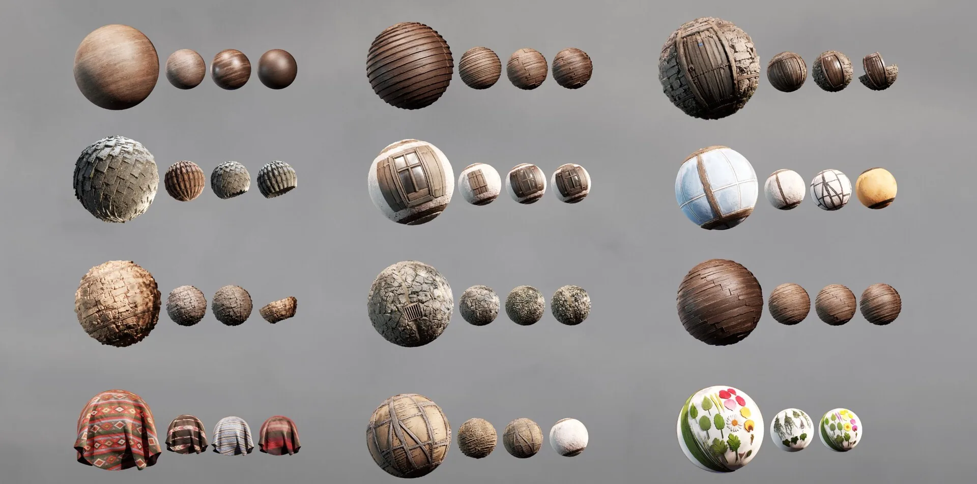 十套材质的球体预览 Substance 3D Signature Collection 的十套材质,以球体与横竖小样的形式展示