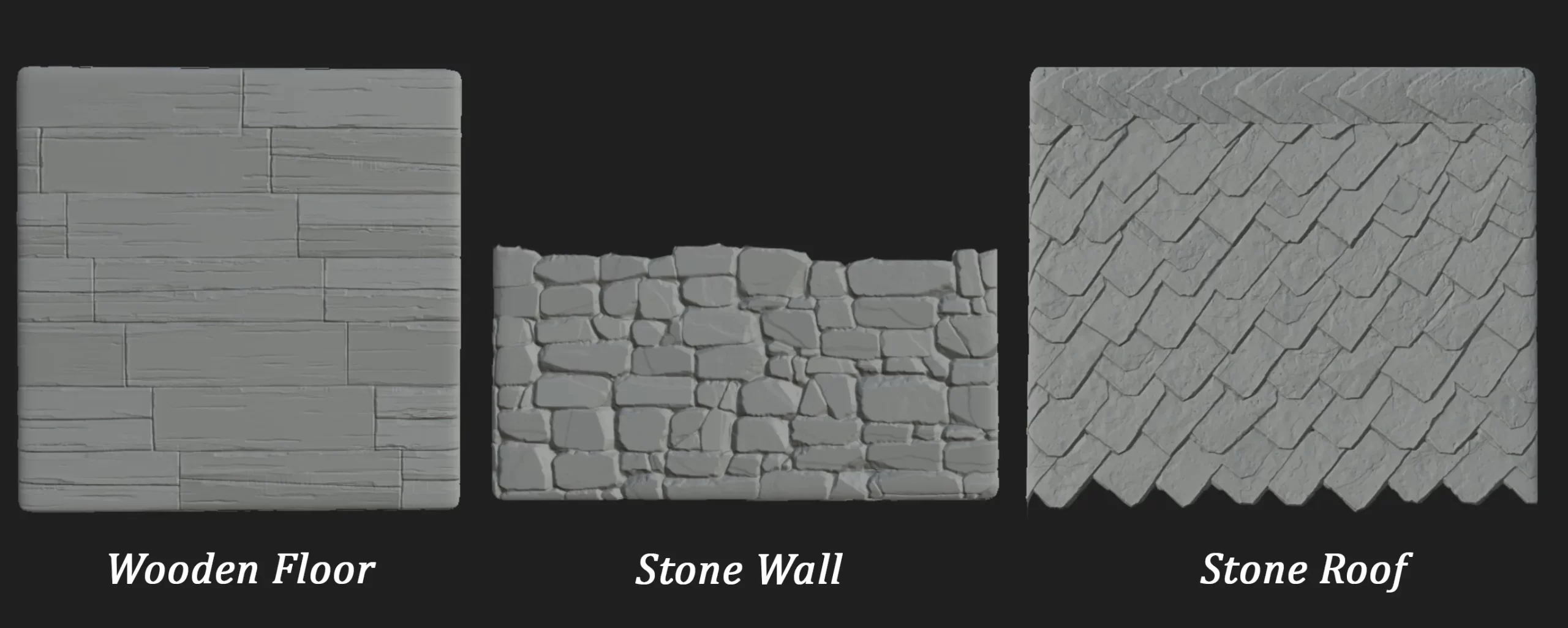 木板、石墙与石屋顶材质 Collection 中的三套材质:Wooden Floor、Stone Wall 与 Stone Roof