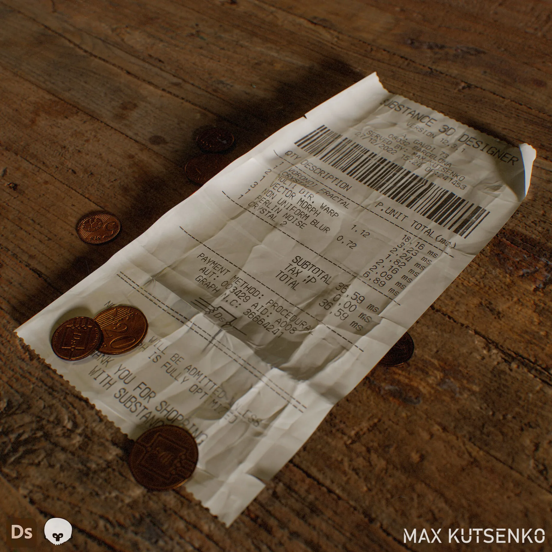 Substance Receipt 材质 Substance Receipt 材质作品,报纸包裹着硬币与点心