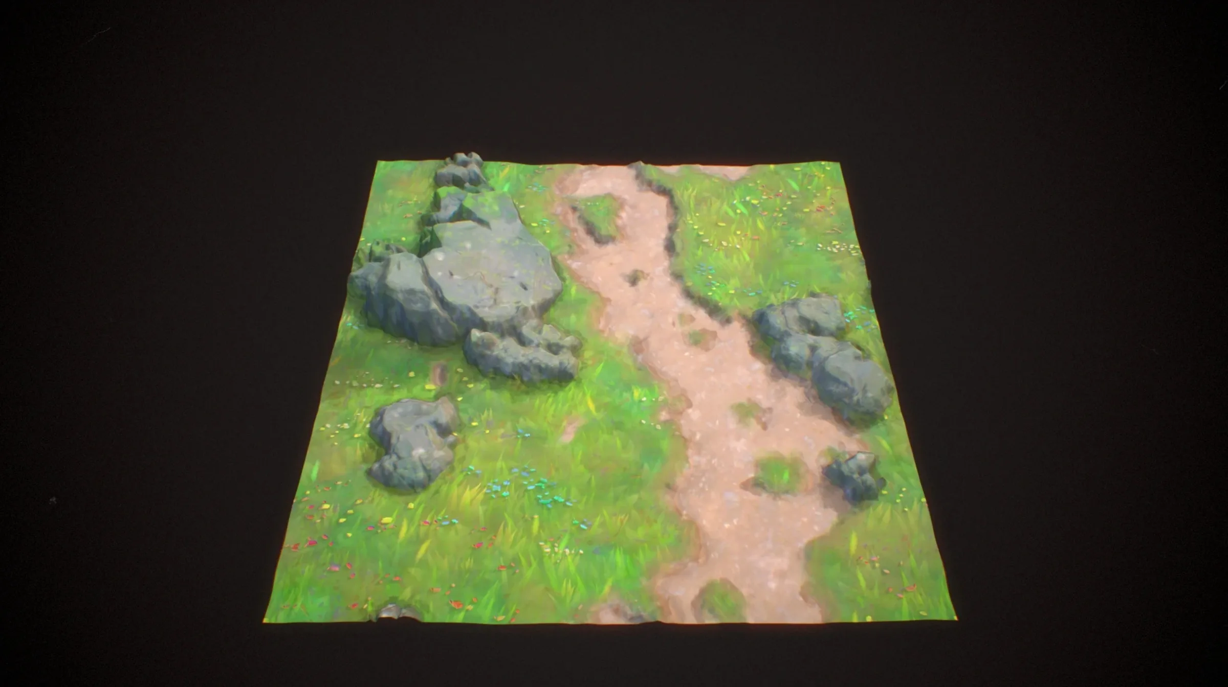 风格化草地材质成品渲染 Substance 3D Designer 制作的风格化草地地面,绿色草地中穿过一条土路