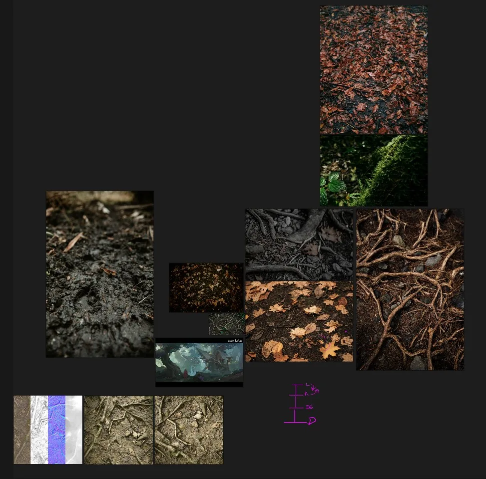 森林地面的参考图与色板 从 Artstation 与 Unsplash 收集的森林地面参考图,下方是提取出的色板