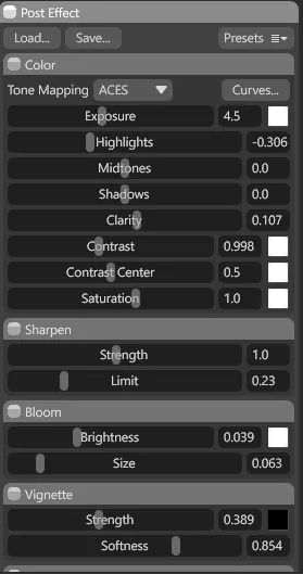 Marmoset Toolbag 的相机参数 Marmoset Toolbag 中的相机设置,调整了色调映射、曝光、清晰度、锐化、景深与暗角等参数