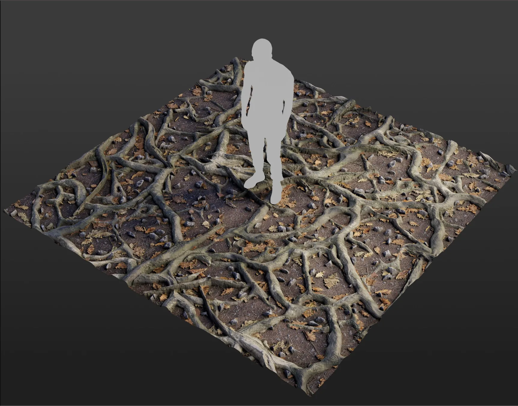 森林地面材质成品渲染 Substance 3D Designer 制作的森林地面材质,铺满枯枝落叶,旁边站着白色人形作比例参考
