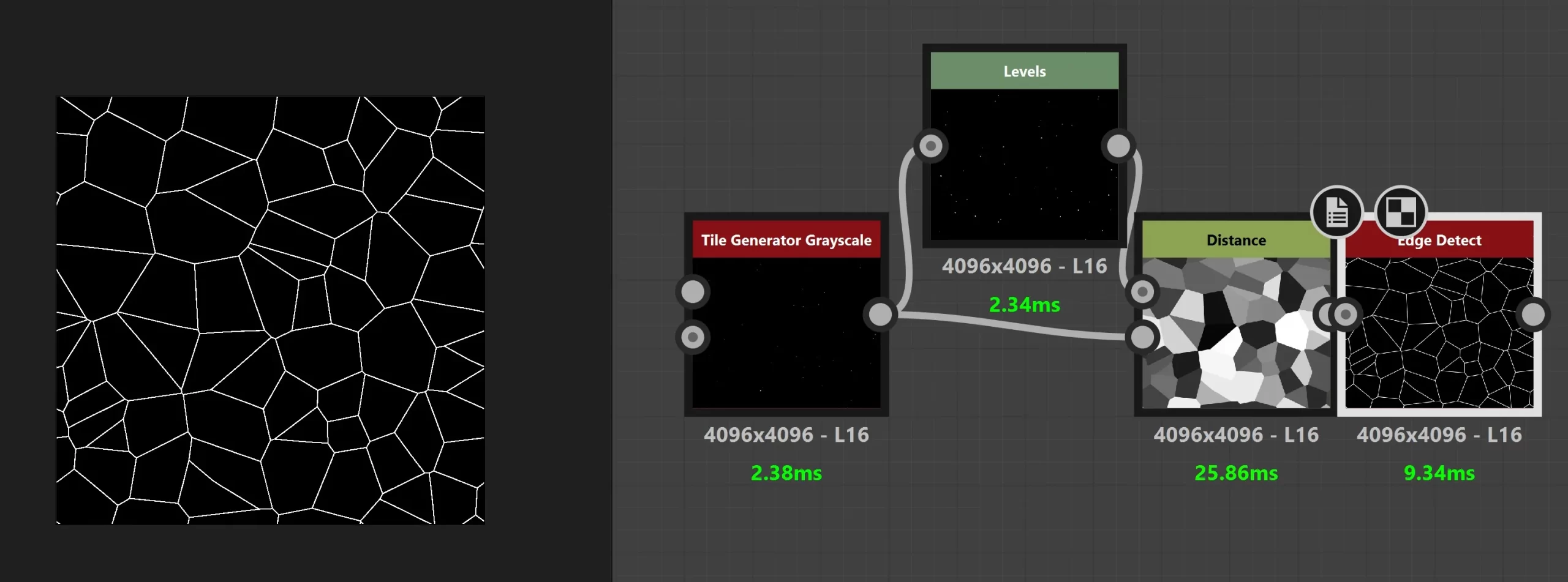 用 Tile Generator 生成裂纹 改用超小尺度与随机灰度的 Tile Generator 再做距离与边缘检测得到的裂纹
