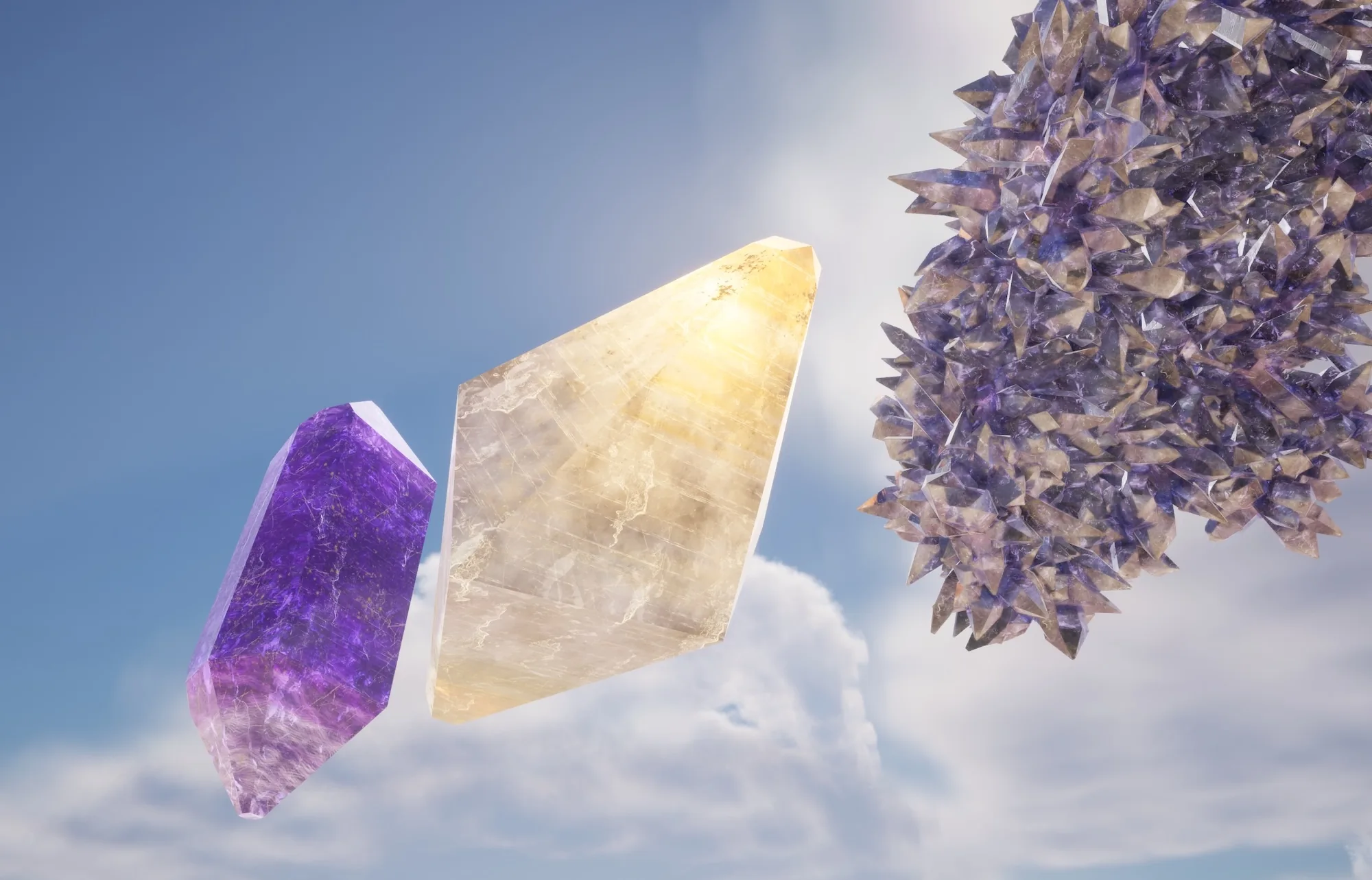 假透射效果 天空背景下的紫水晶、黄色晶体与淡紫色晶体簇,展示由方向光驱动的假透射(Fake Transmission)