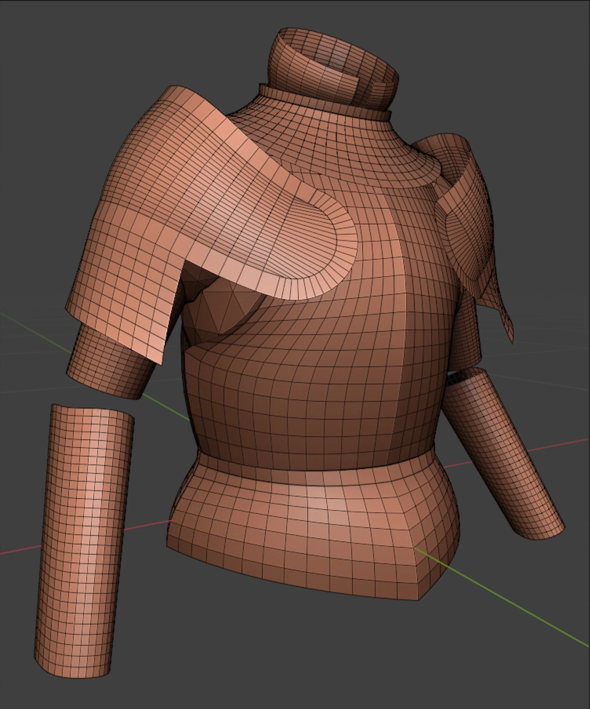 铠甲基础网格 Blender 视口中的灰色基础网格:躯干、双臂与肩甲的粗模,尚未添加任何装饰