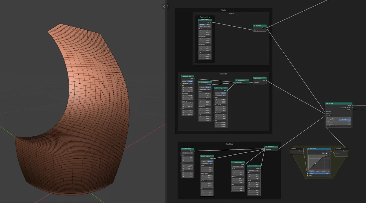 双轨放样与自定义节点组 Blender 界面:左侧是双轨放样生成的曲面片,右侧是支持多条轮廓曲线插值的自定义节点组