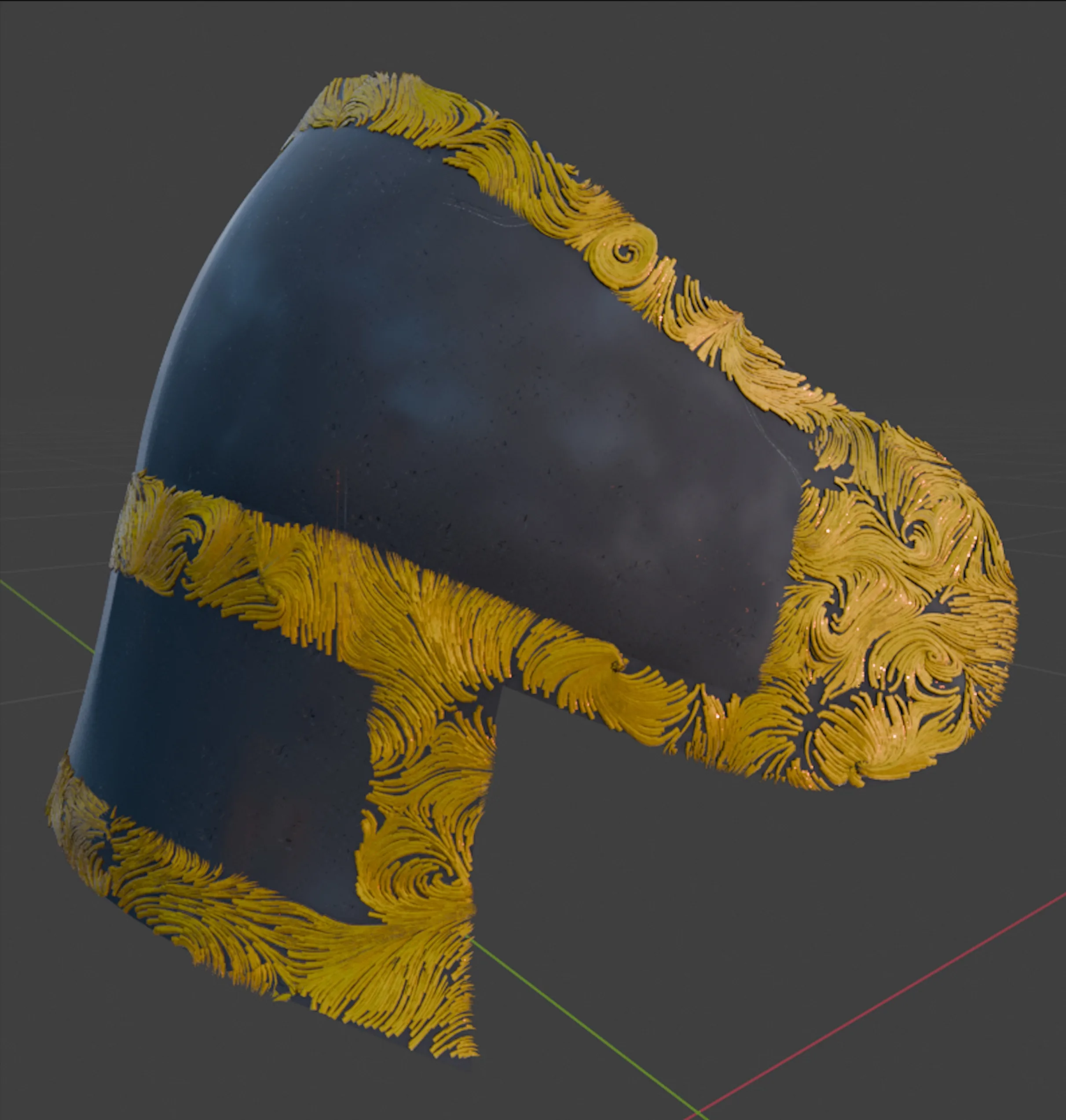 甲片上生长的金色卷曲纹样 Blender 视口:深蓝色的甲壳表面,金色卷曲噪波纹样沿着边缘生长,并在一侧区块内铺满