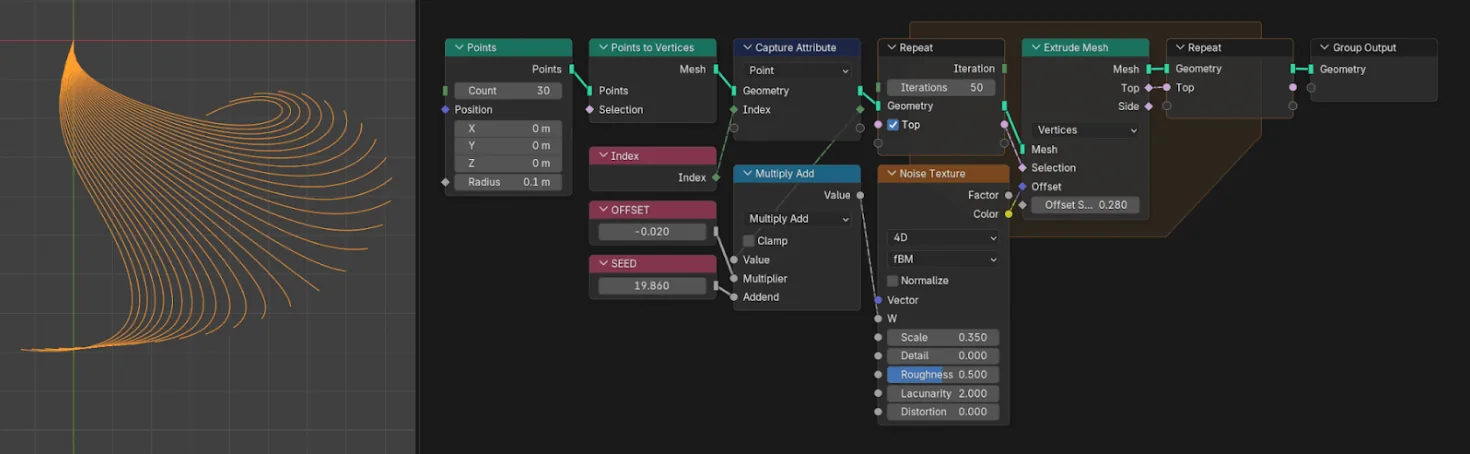 卷曲噪波节点图 Blender Geometry Nodes 节点图:用噪波场作为挤出方向生成卷曲几何的节点结构