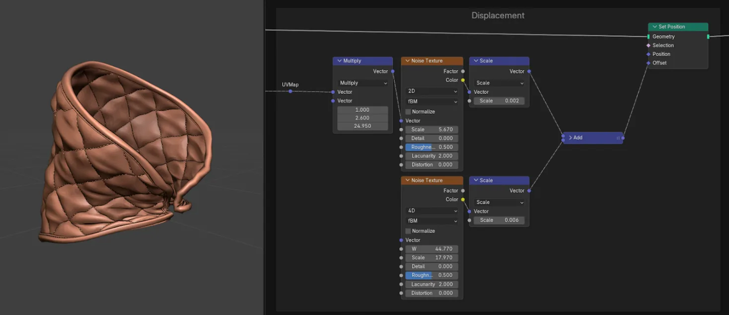 加褶皱的护颈 Blender 界面:左侧是加上褶皱与起皱的护颈,右侧是对应的节点图