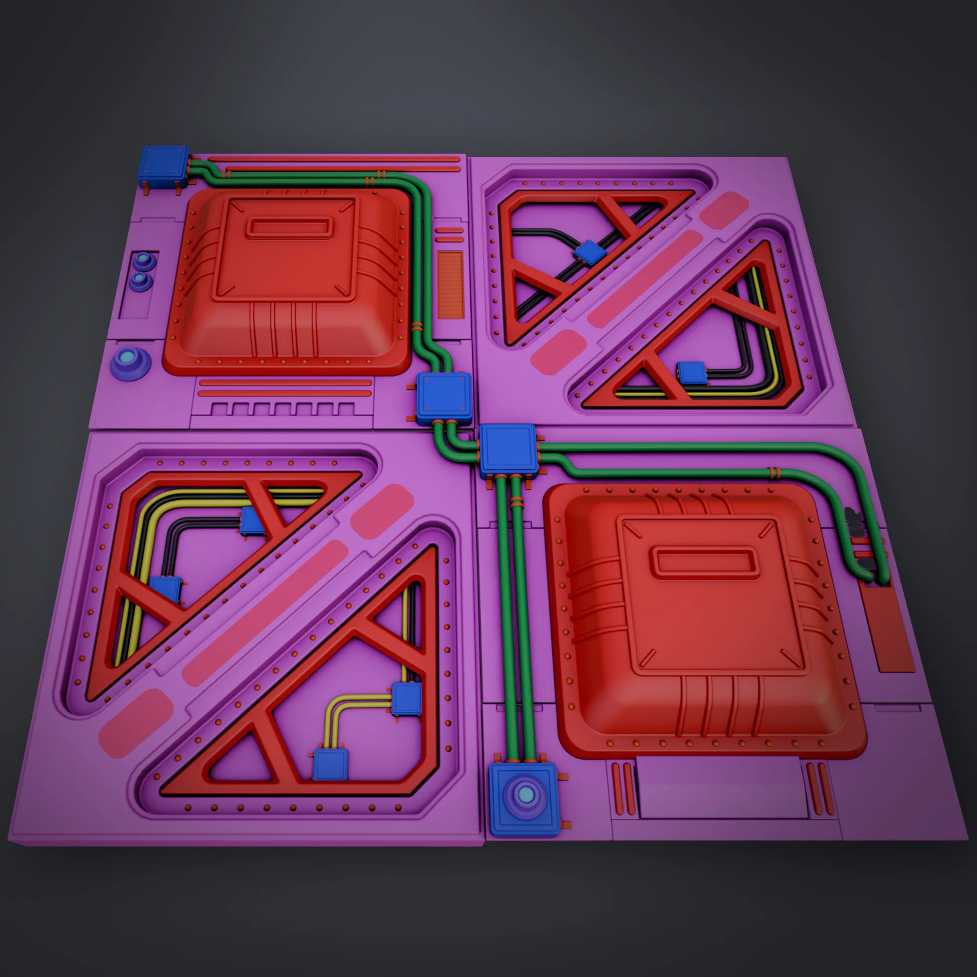 颜色 ID 材质 Blender 视口:舱门被涂上洋红、红色、蓝色等鲜艳的颜色 Id,用于后续在 Painter 中分区上材质