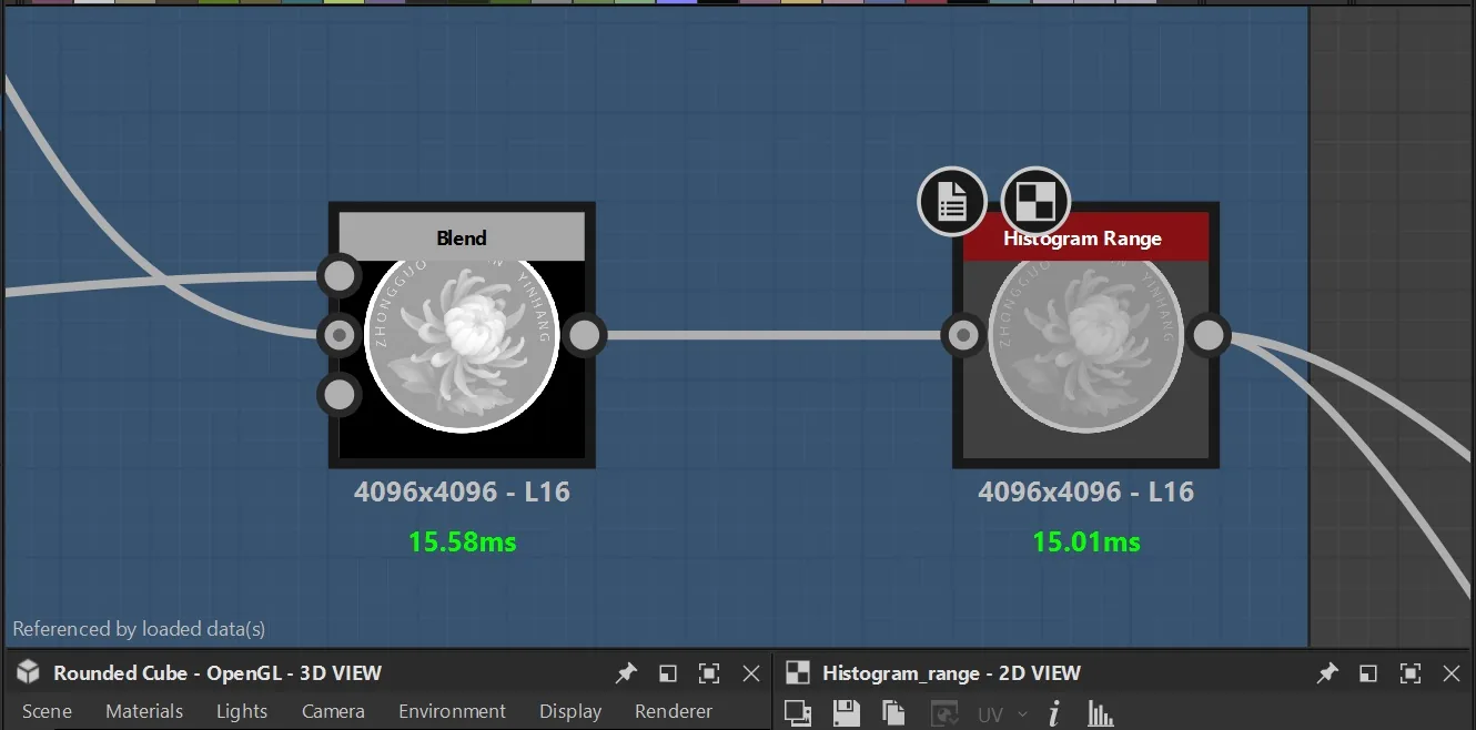 Histogram Range 统一高度 Substance 3D Designer 节点图:用 Histogram Range 节点统一硬币的高度值,预览中可见币面高度