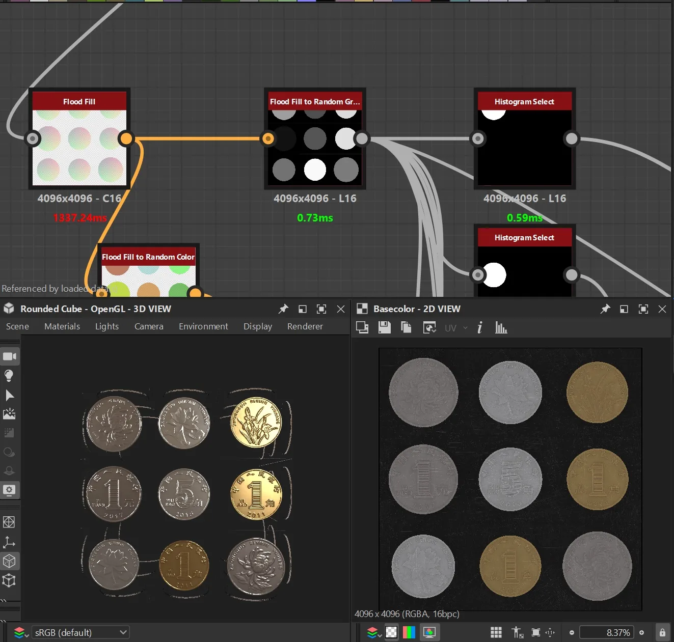 上色后的硬币网格 Substance 3D Designer 界面:为选中的硬币填入颜色,下方是上色后的九枚硬币预览