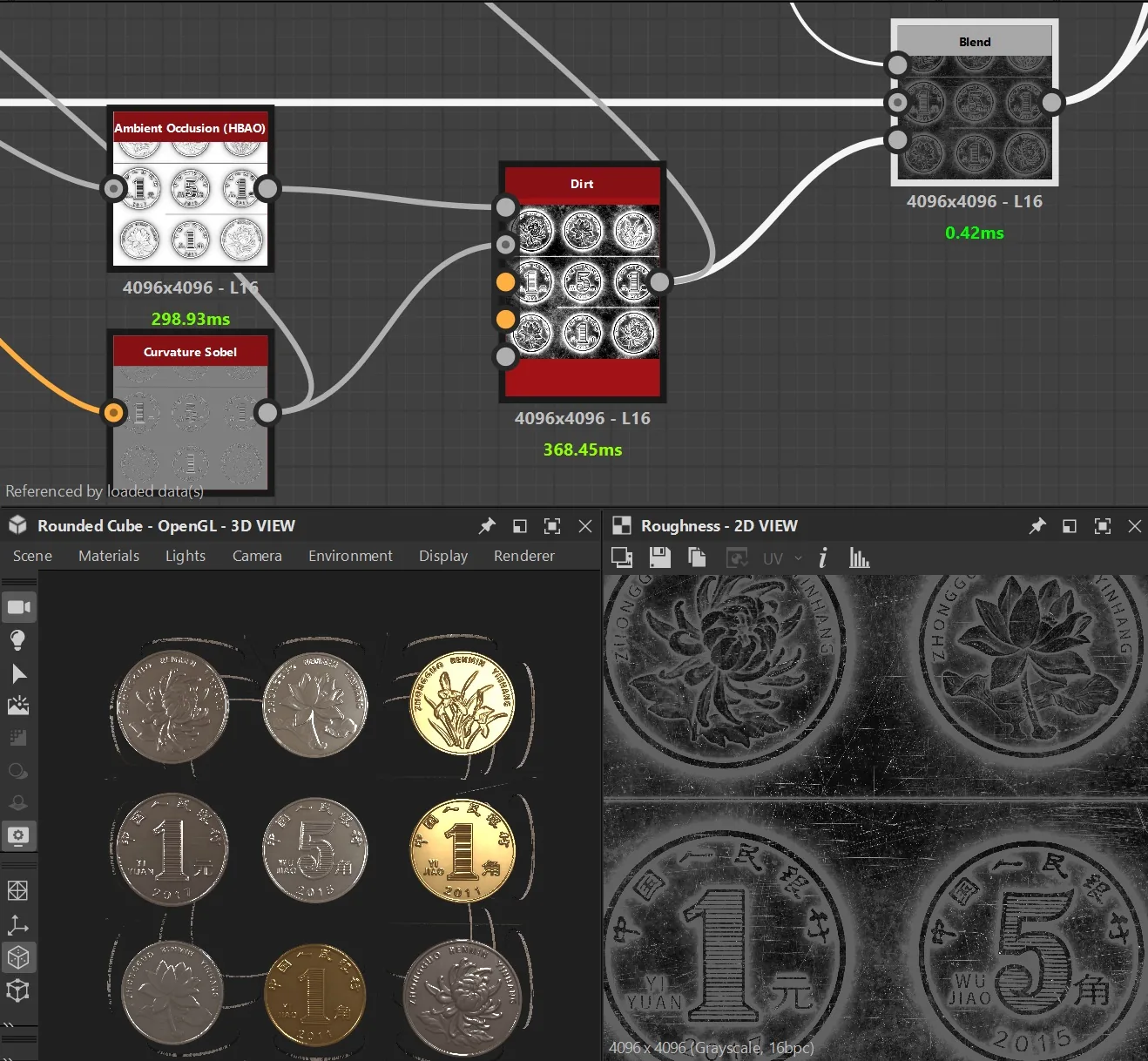 Dirt Generator 制作金属磨损 Substance 3D Designer 节点图:把曲率与 Ao 接入 Dirt Generator,为硬币表面添加污渍、划痕与金属磨损