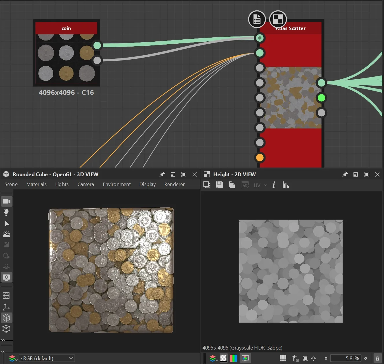 Atlas Scatter 散布硬币 Substance 3D Designer 界面:用 Atlas Scatter 把图集中的硬币随机散布到表面上,右侧是散布结果预览