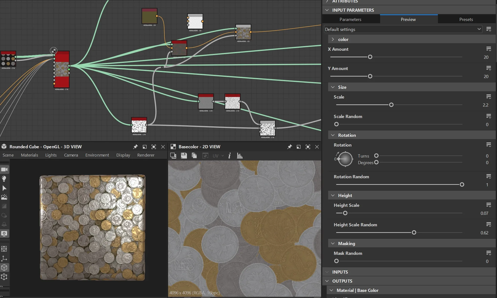 暴露参数后的散布效果 Substance 3D Designer 节点图与最终预览:暴露硬币颜色、尺寸、旋转与高度缩放等参数后,得到更丰富的散布变化