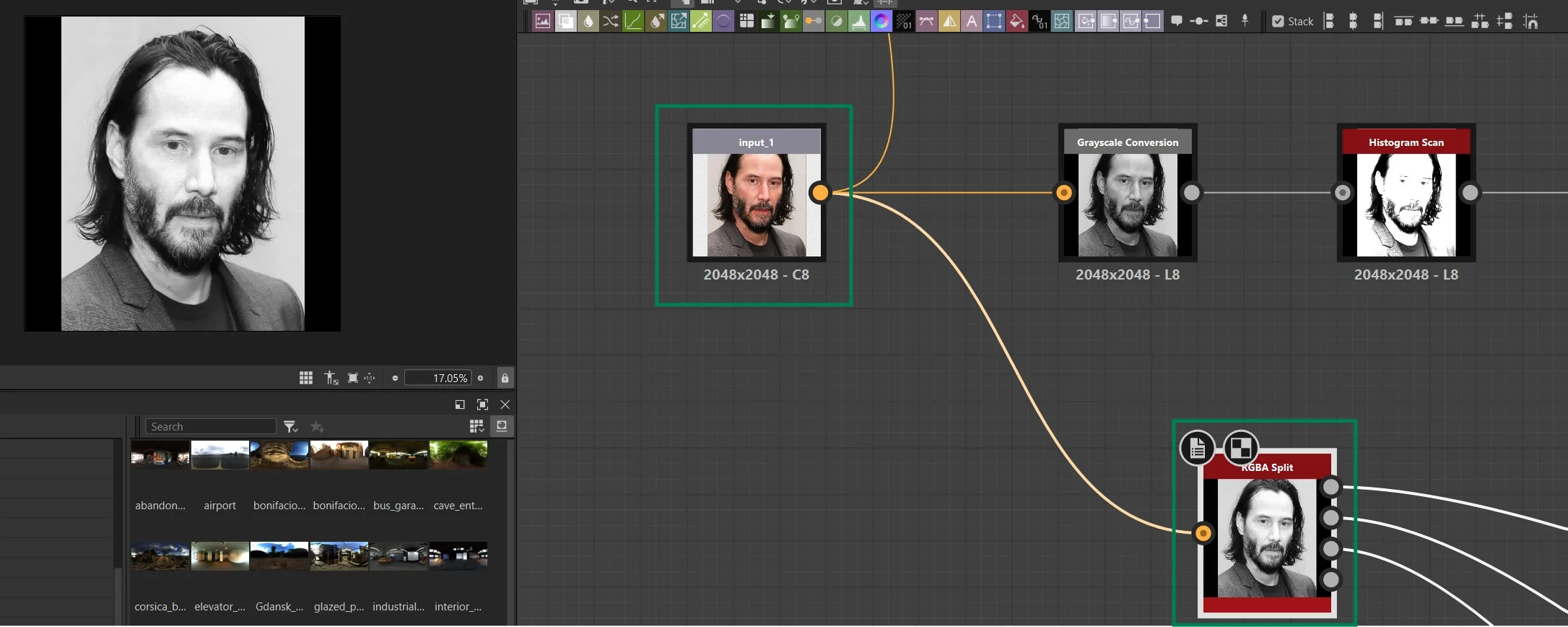 RGBA Split 节点图 Substance 3D Designer 节点图:把彩色图像接入 Rgba Split 节点拆分通道,左侧是待处理的图片资源