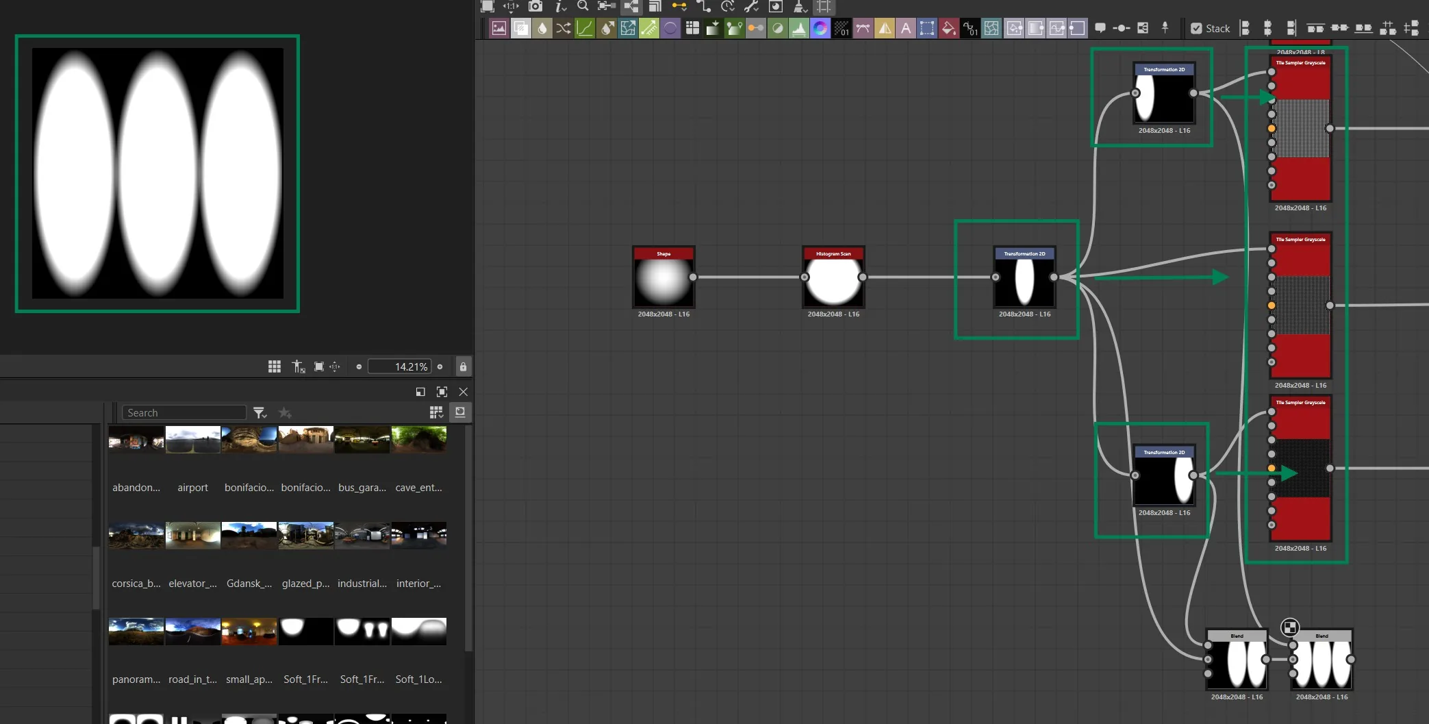 单格孔径遮罩与平铺 Substance 3D Designer 界面:左侧是三个白色椭圆组成的单格孔径遮罩,右侧节点图用 Tile Sampler Greyscale 把它平铺