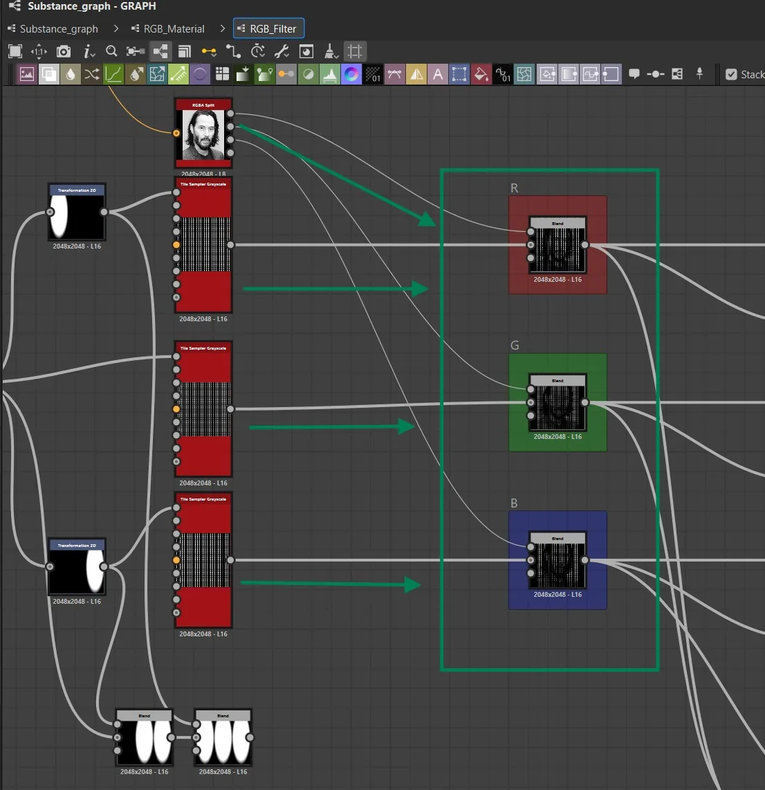 通道与像素单元混合节点图 Substance 3D Designer 节点图:用 Blend 节点把三个通道的强度遮罩与平铺的像素单元混合