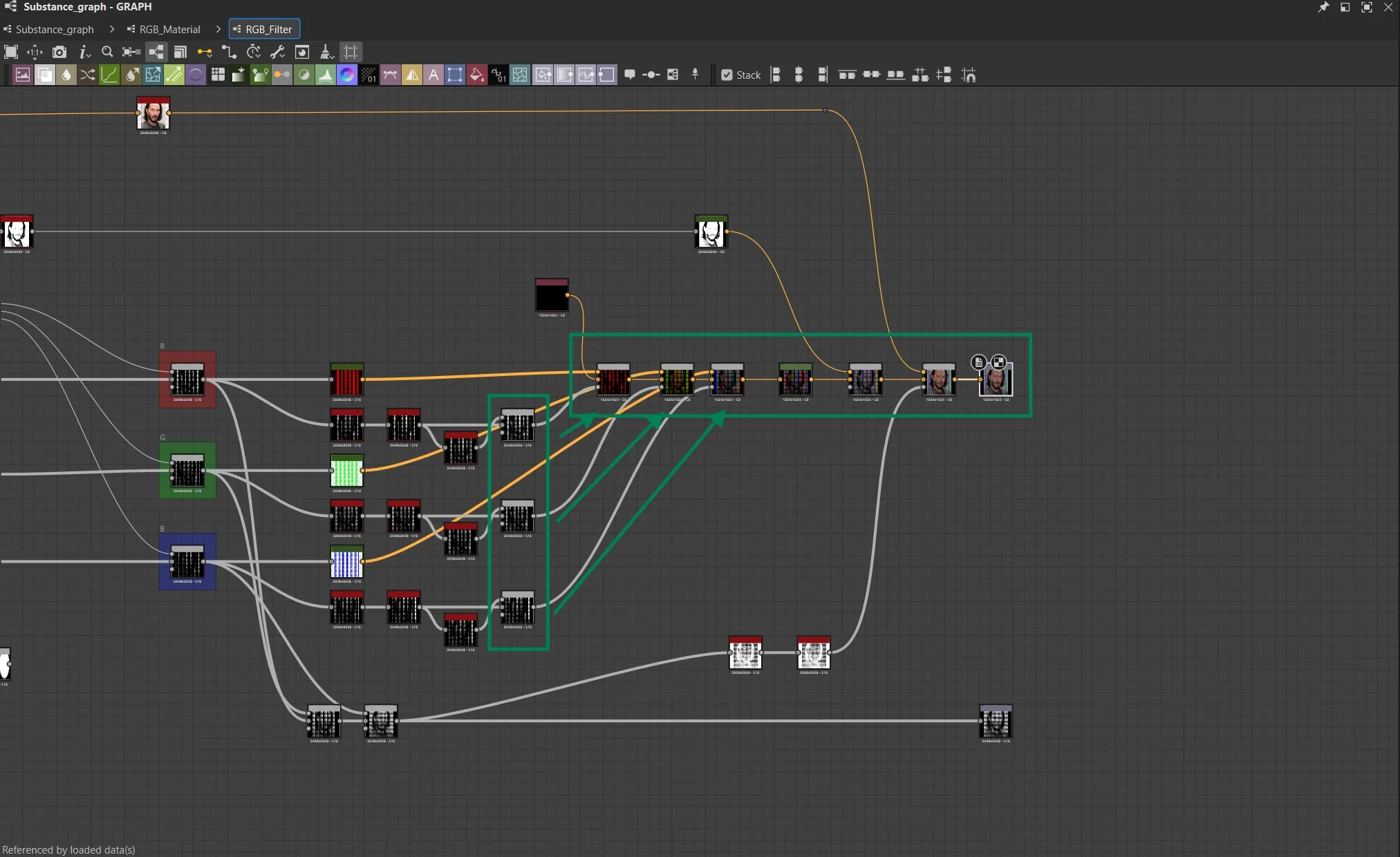 通道着色合并节点图 Substance 3D Designer 节点图:为三路结果分别着色后,再用遮罩合并成完整画面