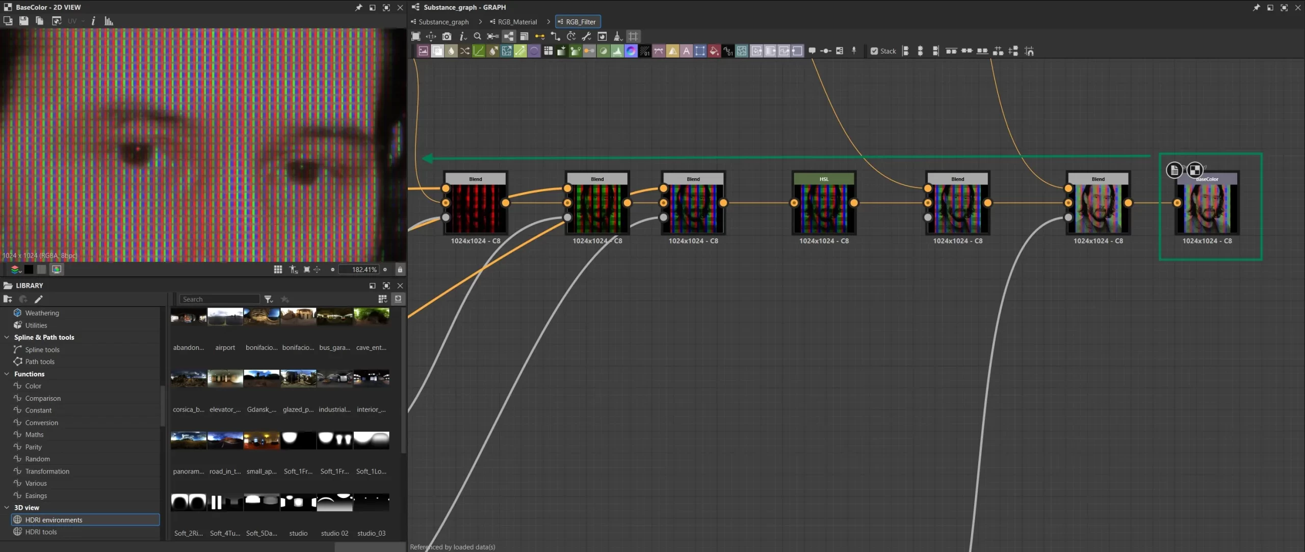 图像被拆成单元格 Substance 3D Designer 界面:一张人物特写被拆分成若干通道条,配合节点图预览「格子化」后的效果