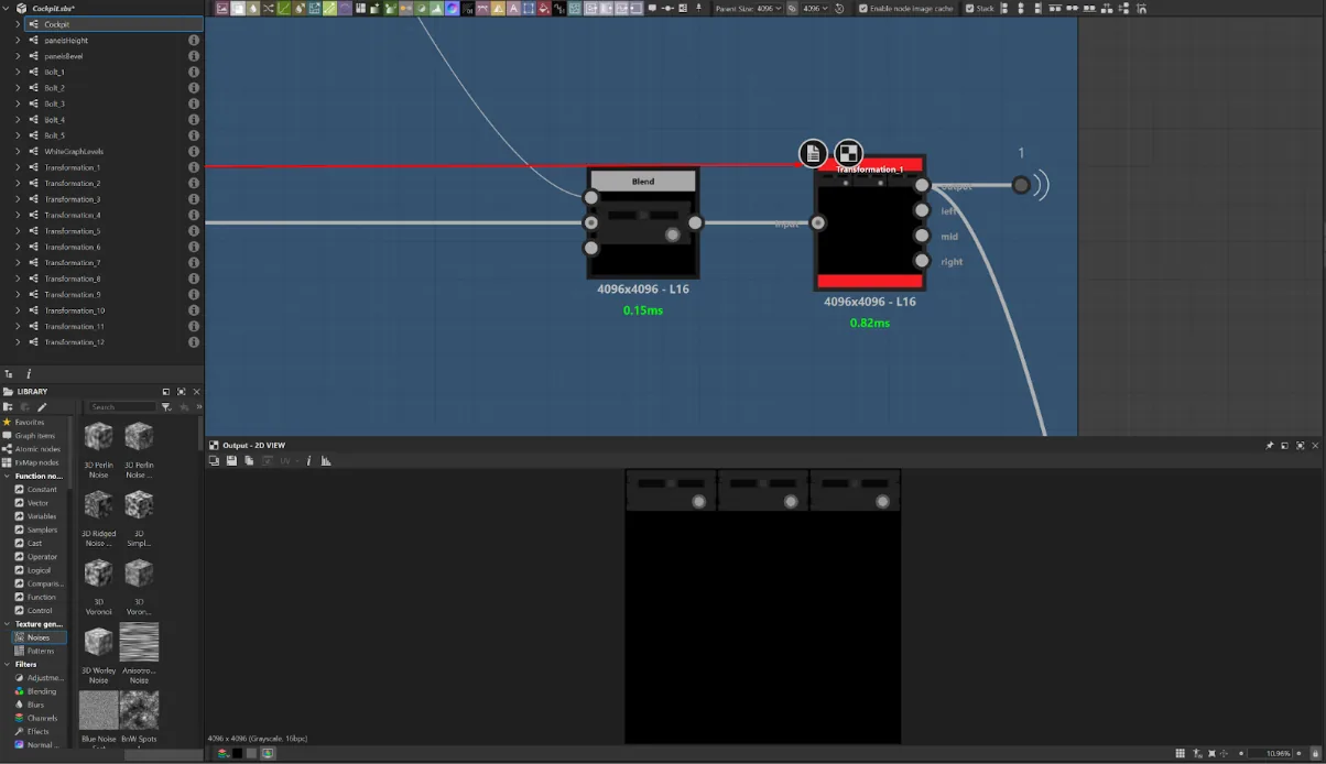 Transformation 面板摆放节点图 Substance 3D Designer 节点图:用 Transformation 节点摆放面板位置,并保留数组复制的三份变换
