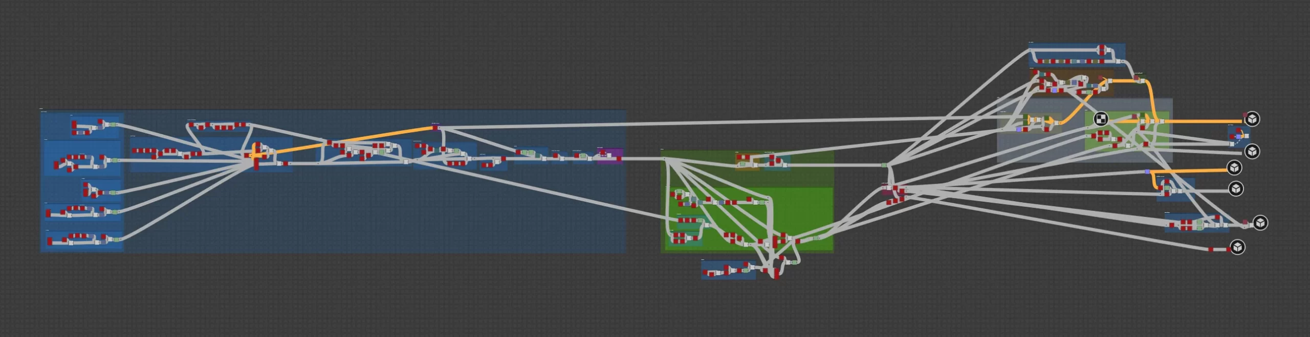 石脸生成节点图 Substance 3D Designer 节点图:用连线勾勒出脸部形状的生成结构,绿框标出主要输出