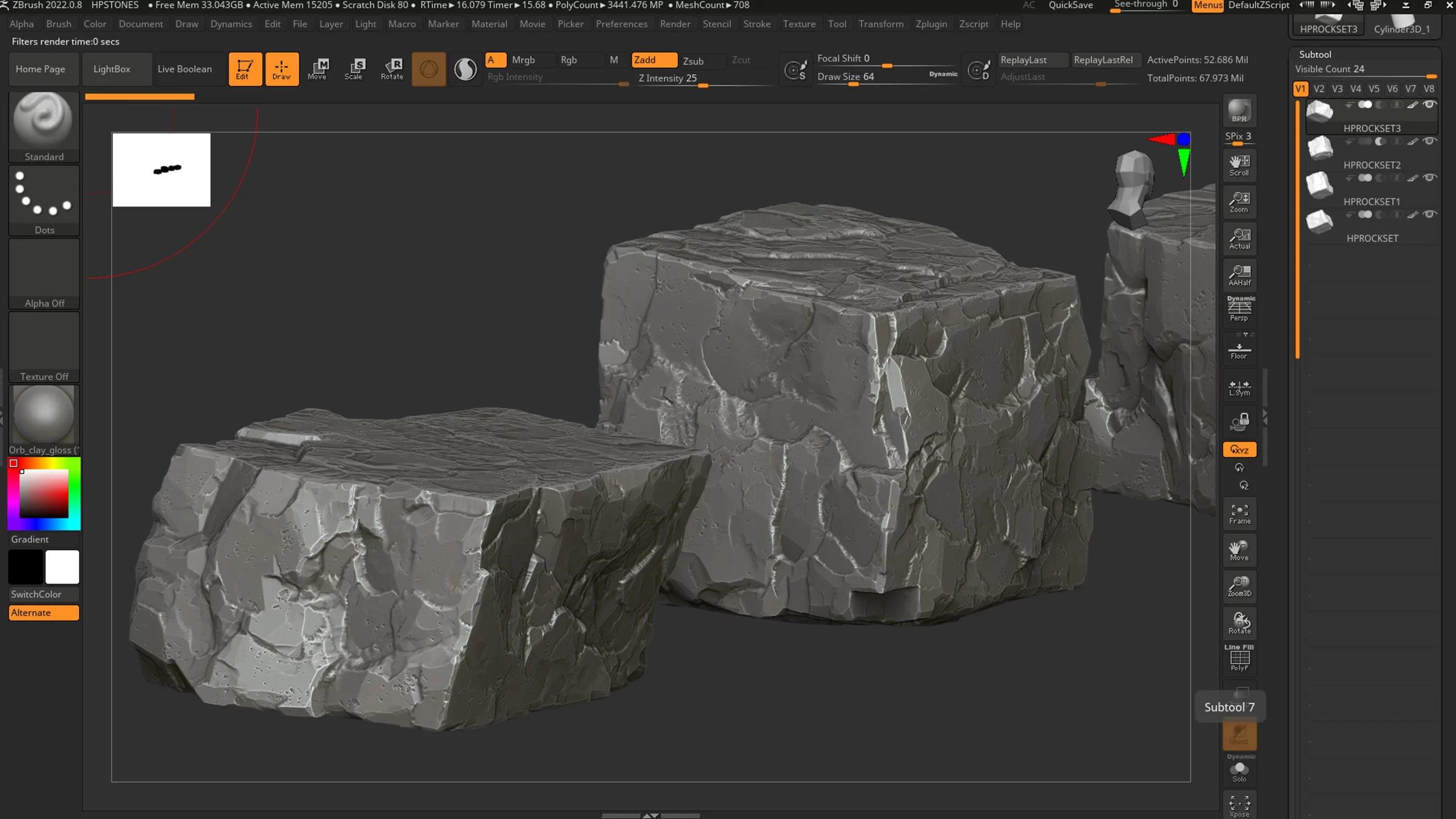 ZBrush 岩石雕刻 Zbrush 界面截图:几块灰色岩石的低模粗胚,棱角分明,仍处于雕刻的初稿阶段