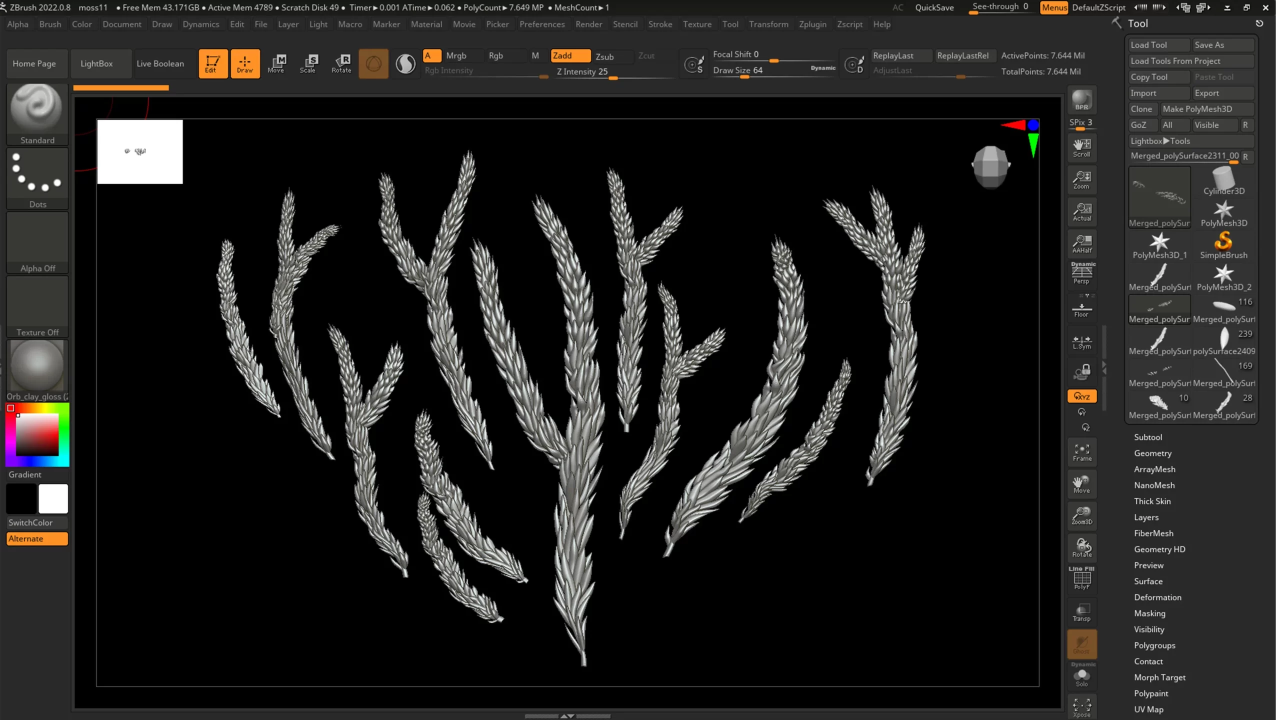 苔藓叶片雕刻与置换贴图 Zbrush 界面截图:黑底上排列着多簇白色的苔藓叶片雕刻,用于后续烘焙法线与不透明贴图