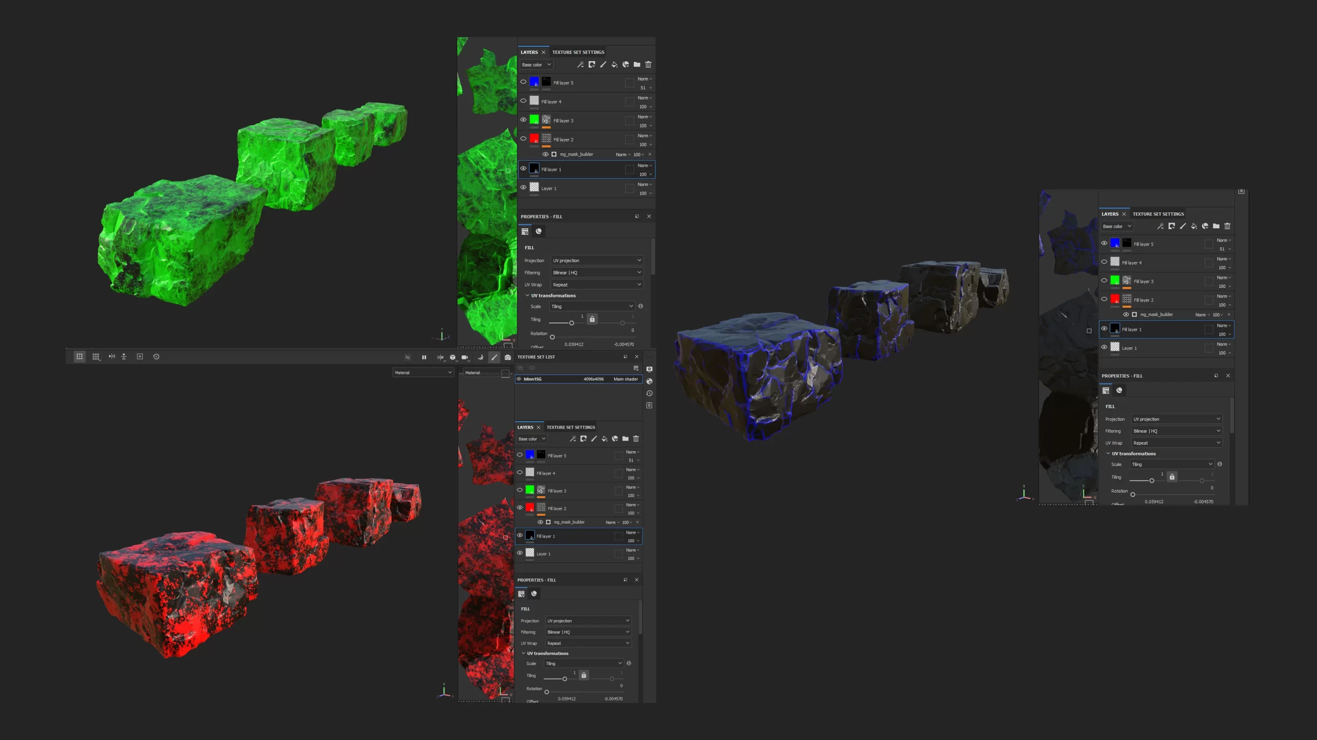 Substance 3D Designer 苔藓纹理节点图 Substance 3D Designer 界面:节点图与法线贴图预览并排显示,绿色与红色的法线信息呈现出苔藓叶簇的走向