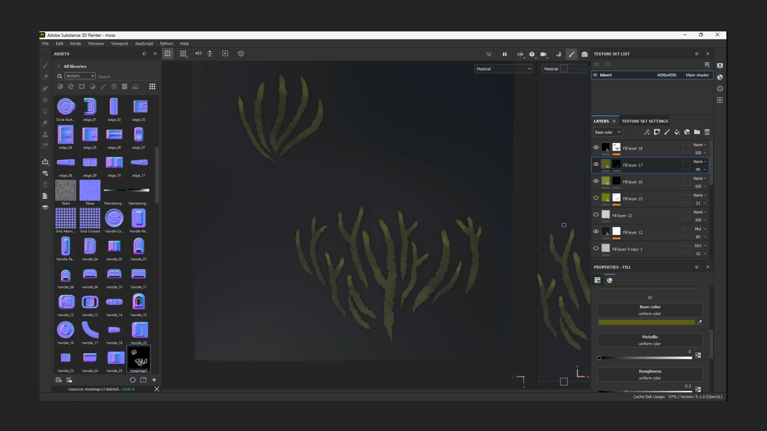 苔藓卡片法线预览 Substance 3D Designer 界面:节点图与青色调的法线贴图预览,用于生成苔藓卡片的贴图