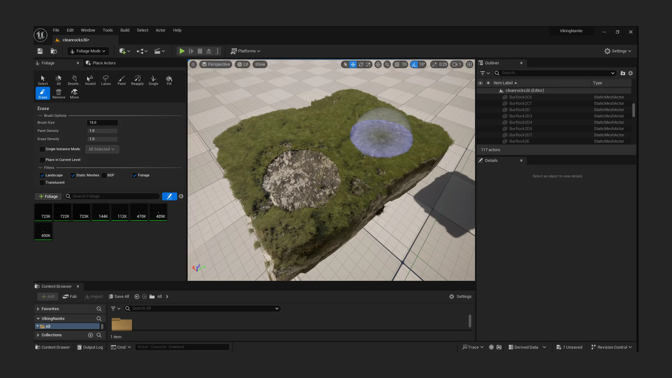 虚幻引擎苔藓材质与散布 Unreal Engine 材质编辑器界面:左侧是苔藓卡片贴图,右侧是把苔藓拖到岩石平面上试探效果的场景视图