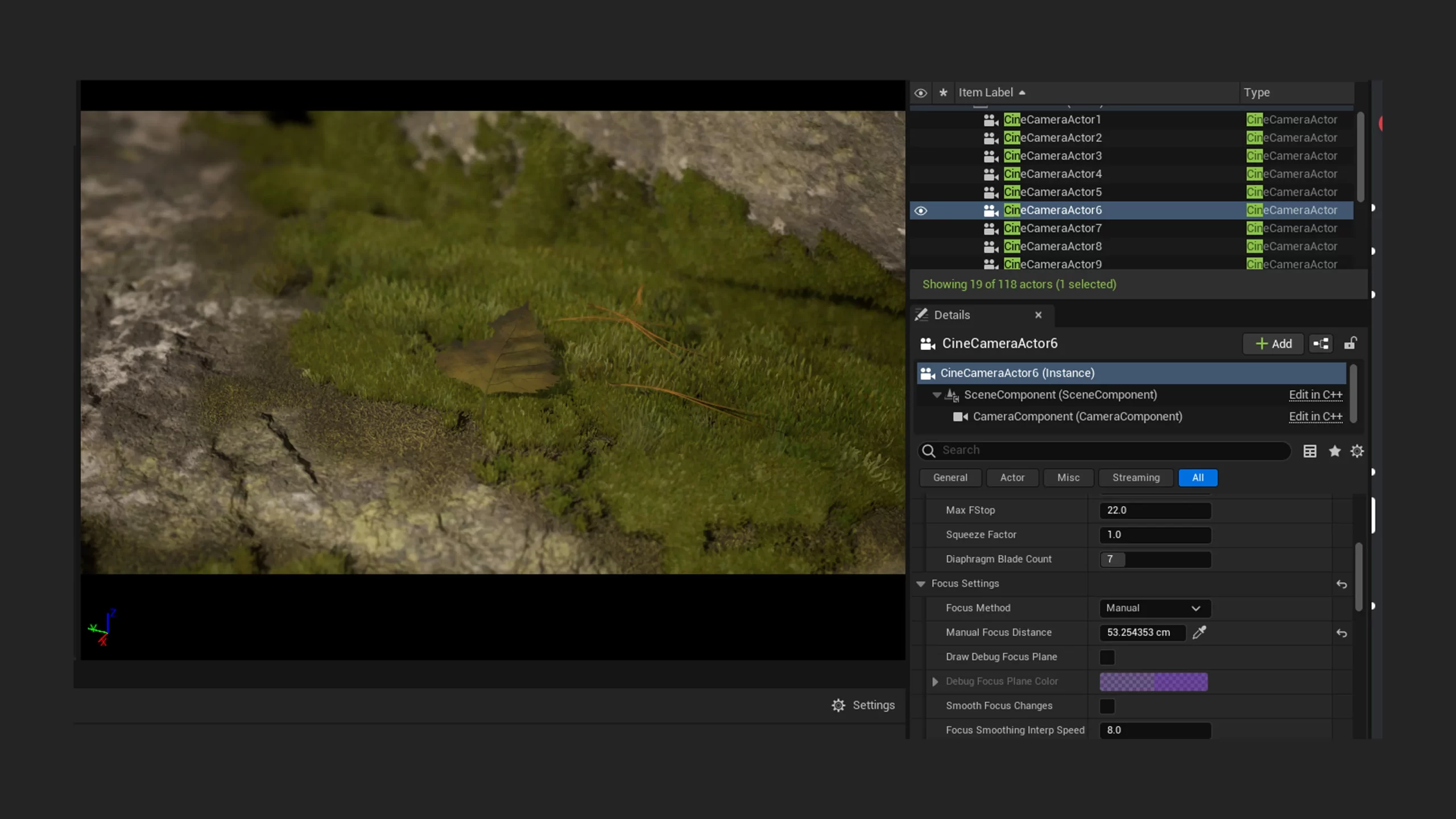 虚幻引擎中的苔藓散布场景 Unreal Engine 视口截图:绿色苔藓铺满岩石表面,旁边浮动着材质参数面板