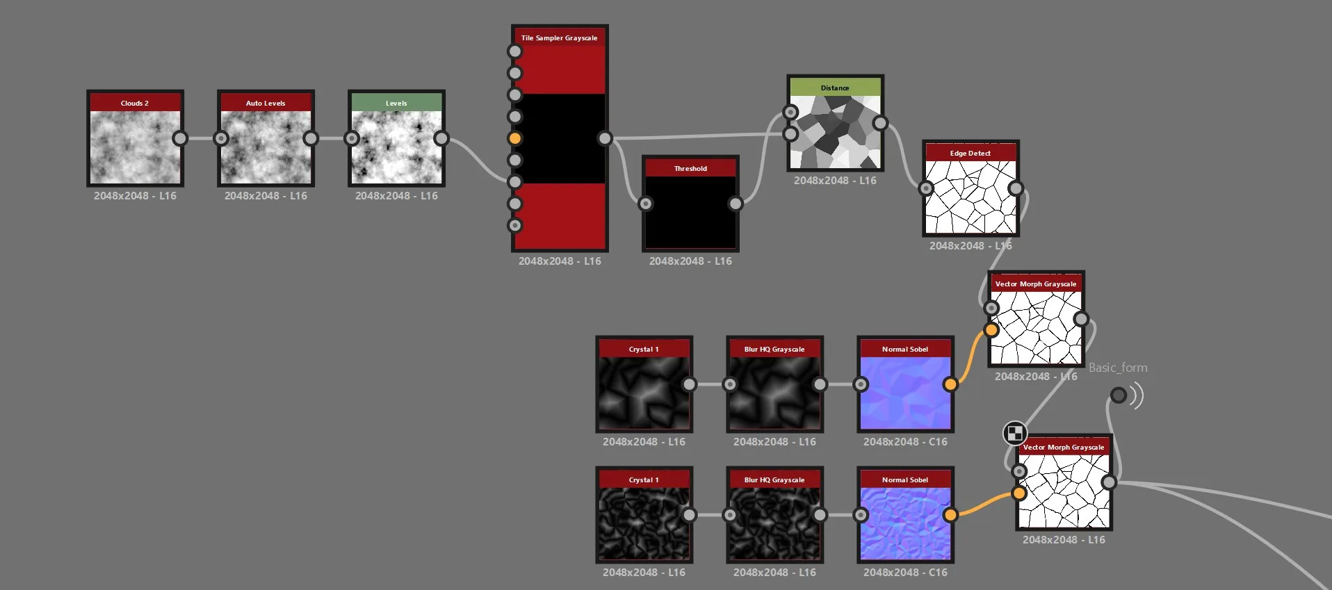 裂纹生成节点图 Substance 3D Designer 节点图:Clouds 2、Auto Levels、Levels、Tile Sampler Grayscale、Distance、Threshold、Edge Detect、Vector Morph Grayscale 等节点串起的裂纹生成流程,末端接 Crystal 1 与 Normal Sobel 输出法线